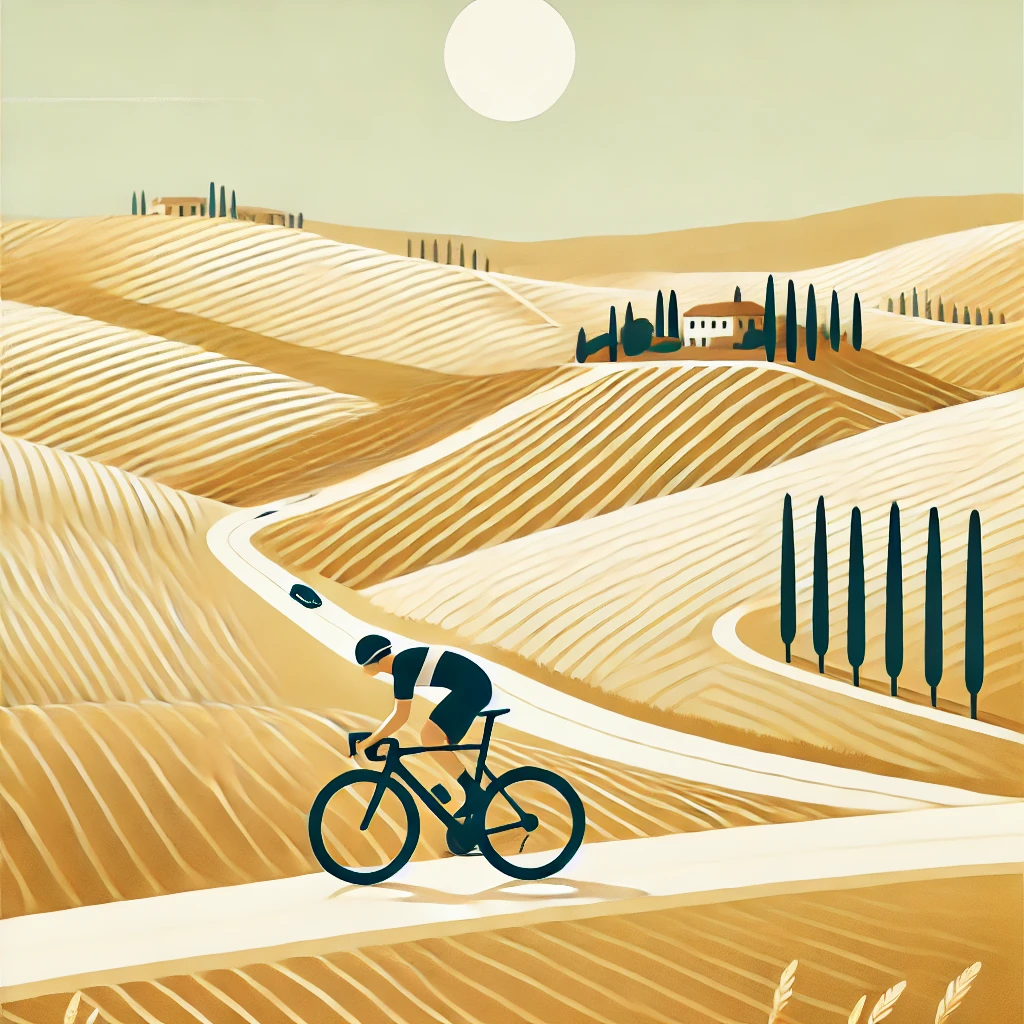 A minimalistic and clean digital illustration of a cyclist riding through rolling hills in Tuscany. The scene features golden fields and winding roads