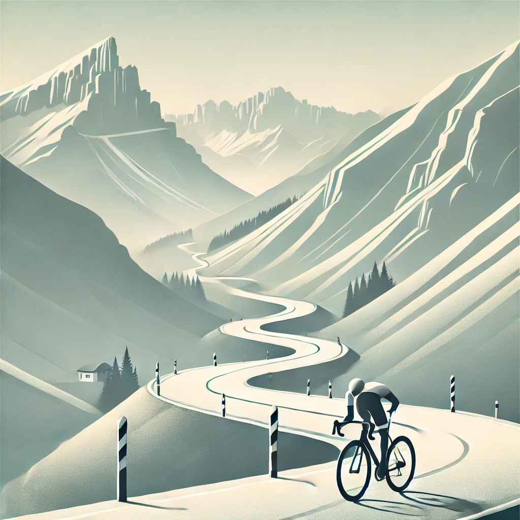 Watts.fit brings you a minimalistic and scenic digital illustration of a cyclist climbing an alpine pass. The setting features winding mountain roads breathtaking peaks