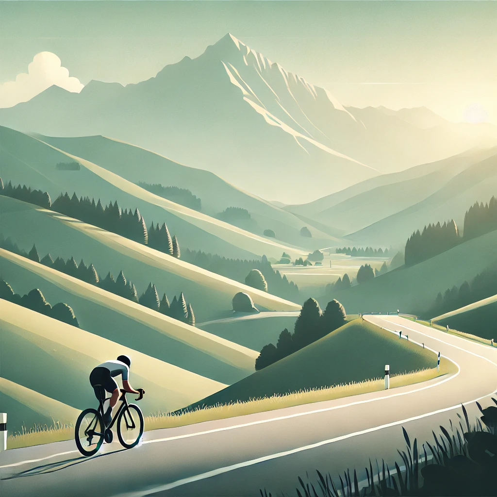 Watts.fit presents a power meter vs heart rate guide and A minimalistic and clean digital illustration of a cyclist climbing a scenic mountain road surrounded by rolling green hills and distant peaks