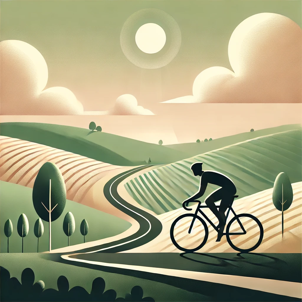 Watts.fit brings you a cycling dynamics guide and a minimalistic and clean digital illustration of a cyclist riding through a serene countryside landscape